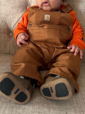 Carhartt Brown Bib Overalls Set with Orange Shirt — 6M